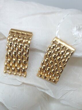 Vintage Monet Gold Tone Mesh Chain Link Watch Band Clip On Earrings